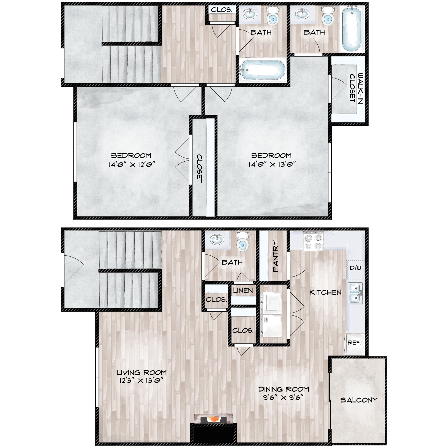 Floor plan for 2 beds, 2.5 baths, 1200 sqft